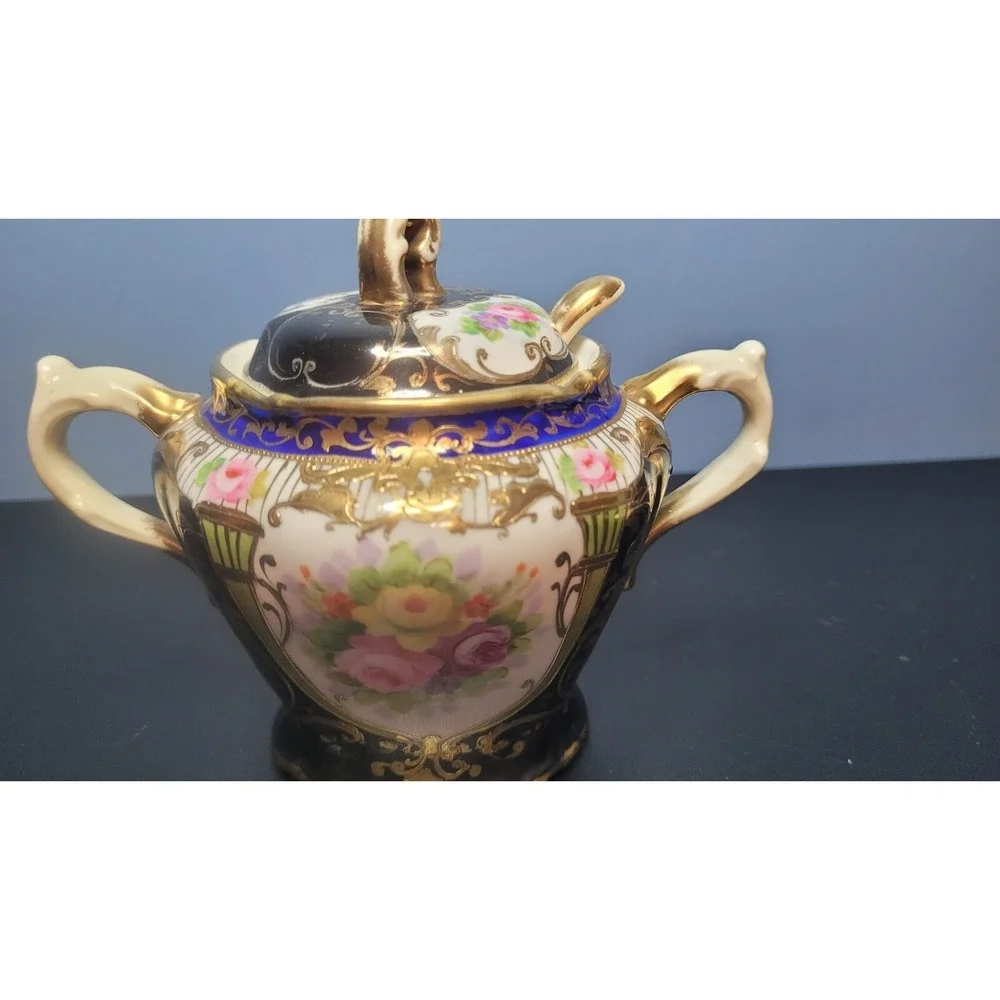 Antique Nippon Condiment Bowl Attached Underplate Hand Painted & Gilded No Spoon